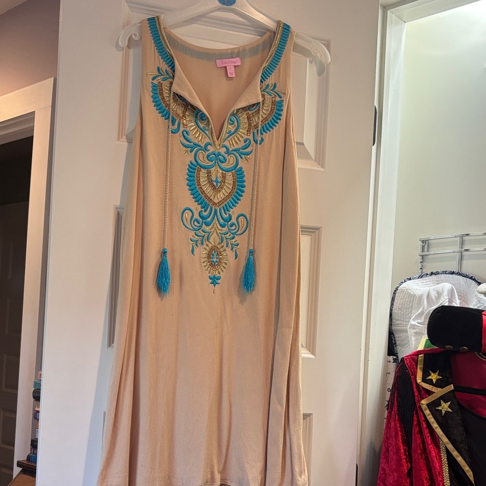 Lilly Pulitzer Beige Dress with Blue Embroidery
